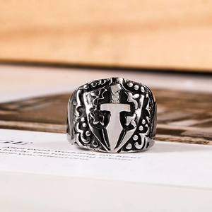 Retro Gothic Punk Ring For Men Stainless Steel Titanium Steel Sword Shield Cross Relief Band Vintage Biker Jewelry Ring