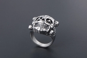 Macro side view of gothic skull ring in polished stainless steel with 3D details