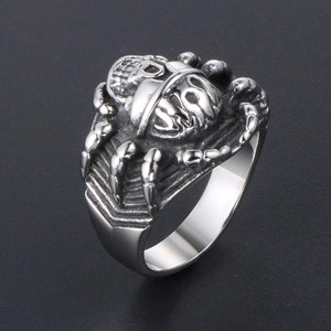 Silver gothic skull and spider ring in vintage punk style with detailed 3D engraving