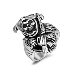 Gothic punk men's skull ring featuring a grim reaper with scythe in oxidized steel