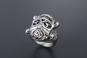 Detailed view of punk lion dance ring with vintage finish and intricate carving