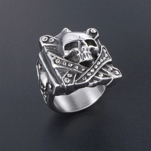 Gothic skull and crossbones square ring in matte silver titanium steel for men
