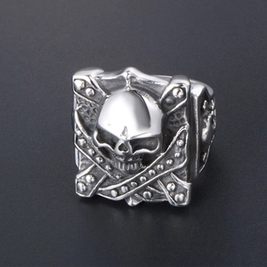 Vintage silver skull ring with pirate crossbones and rivet texture for men