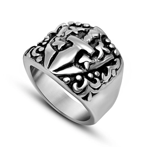 Vintage punk silver stainless steel ring with gothic sword and anchor embossed design