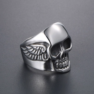 Bague crâne punk pour homme en acier inoxydable gothique avec relief d'ailes style vintage