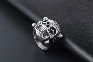 Macro view of detailed skull ring in stainless steel with a punk rock metal finish