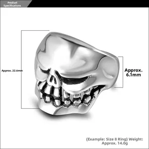 Detailed macro view showing the punk skull ring dimensions and polished steel finish