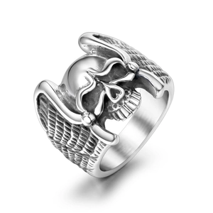 Vintage Punk Skull Wings Stainless Steel Ring For Men Gothic Biker Style Polished Oxidized Carved Finger Ring Jewelry Gift