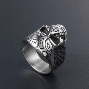 Vintage gothic skull ring in oxidized stainless steel for men with detailed engraving