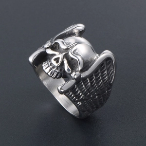 Gothic punk angel wing skull ring in vintage silver stainless steel for men