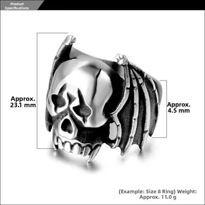 Detailed sizing chart for gothic bat skull ring showing dimensions and 11g weight