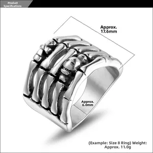 Macro shot of punk skeleton hand ring in titanium steel with detailed vintage finish