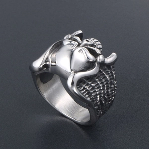 Punk style stainless steel ring with angel wings and skull motifs in silver finish