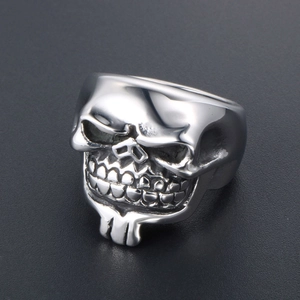 Vintage silver skull ring for men with punk rock style and realistic carved details