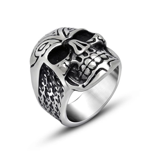 Vintage oversized stainless steel skull ring for men with antique silver finish