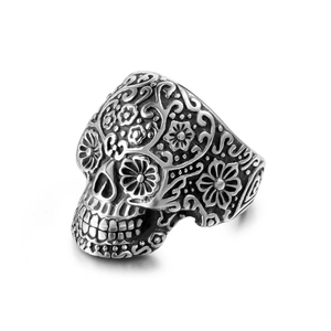 Vintage Stainless Steel Skull Ring Gothic Sugar Skull Floral Engraving Punk Band Ring Mexican Style Biker Jewelry For Men