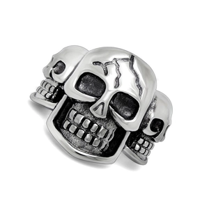 Vintage punk silver skull ring for men with three gothic skulls and lightning detail