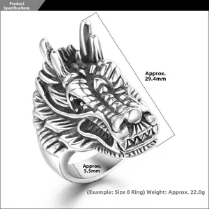 Detailed size parameters of vintage dragon head ring in retro silver titanium steel