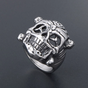 Vintage punk skull ring in aged stainless steel finish with 3D carved bone details