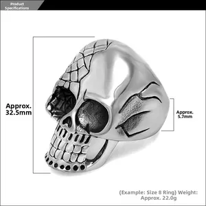 Detailed specs of punk skull ring with 32.5mm height and engraved scale texture