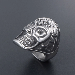 Gothic punk skull ring in vintage stainless steel with intricate floral carvings