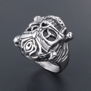Ethnic lion dance punk gothic stainless steel ring with abstract carved design