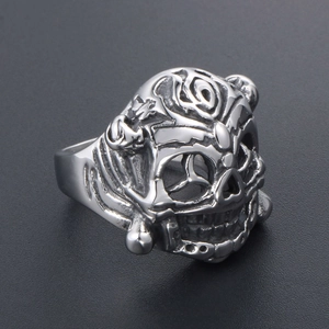 Men's punk style silver stainless steel skull ring with embossed vintage relief details