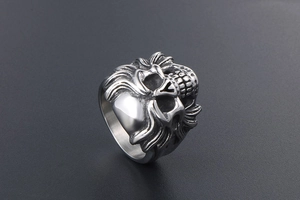 Detailed close-up of retro punk skull ring in silver titanium steel with intricate carving