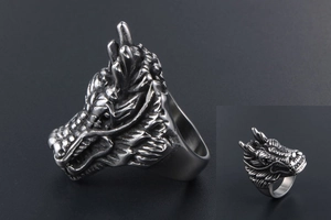 Detailed close-up of a vintage dragon head ring made of distressed silver titanium steel