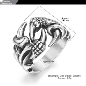 Macro detail of retro dragon claw ring showing scale texture and silver finish