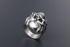 Close-up of vintage punk skull ring featuring gothic 3D relief and silver metal texture