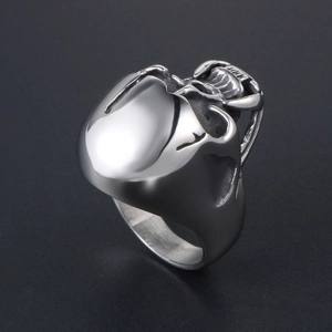 Polished silver skull ring with gothic zombie teeth design in stainless steel