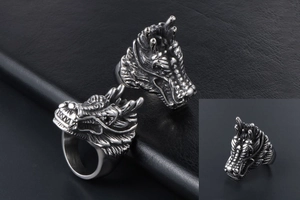 Detailed close-up of retro dragon head ring showing scales and sharp fangs in steel finish