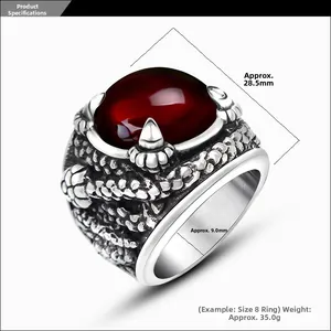 Detail showing vintage dragon claw ring with red stone dimensions 28.5mm height