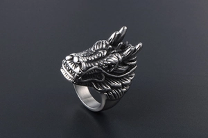 Detailed close-up of vintage silver dragon head ring showing intricate scale textures