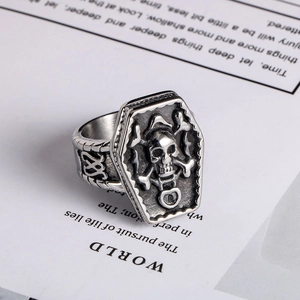 Vintage Gothic Coffin Skull Ring Men Titanium Steel Punk Rock Pirate Skull Crossbones Finger Ring Halloween Party Jewelry