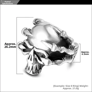 Detailed view of punk skull ring with 26.2mm height and 6.3mm band width dimensions