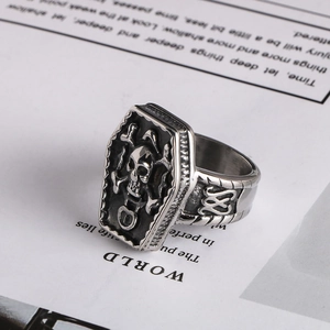 Macro detail of coffin-shaped skull ring in vintage black silver stainless steel