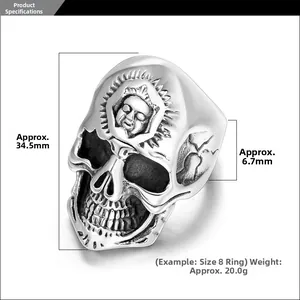 Detailed view of punk skull ring dimensions with heights, thickness and weight specs