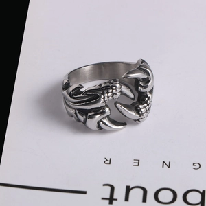 Macro shot of retro dragon claw ring featuring oxidized stainless steel and scale details