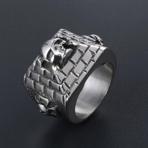 Vintage stainless steel skull ring with wall pattern for men in gothic punk style
