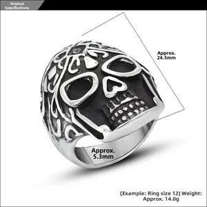 Detailed macro view showing punk skull ring dimensions and retro vintage titanium finish