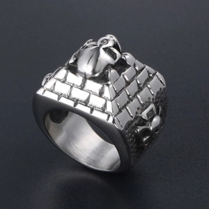 Vintage Egyptian pyramid ring for men featuring skull and scarab detail in steel