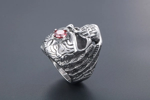 Macro shot of gothic skull ring with red gemstone and detailed punk engraving