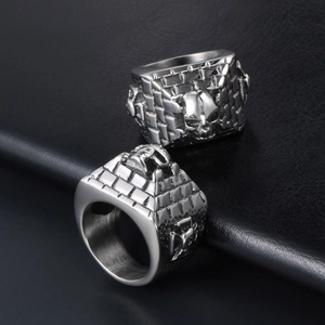 Vintage punk skull rings with brick wall texture in silver stainless steel finish