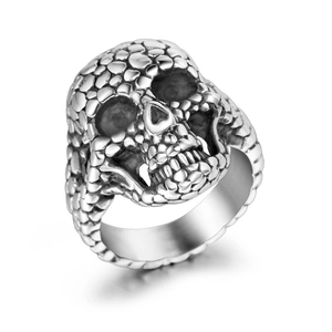 Gothic silver skull ring with pebble texture in vintage stainless steel style