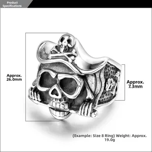 Macro view of vintage stainless steel pirate skull ring with size and weight details