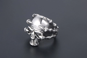 Detailed view of punk skull ring with polished titanium steel and antique finish