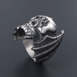 Vintage gothic skull ring with bat wings in antique silver stainless steel for men