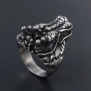 Retro dragon head ring in distressed titanium steel with detailed scales for men